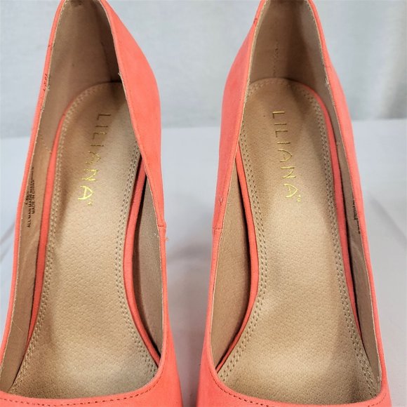 Liliana Neon Coral Faux Suede Single Sole Pointy Toe Pump 5" Heel Shoe - Picture 6 of 9
